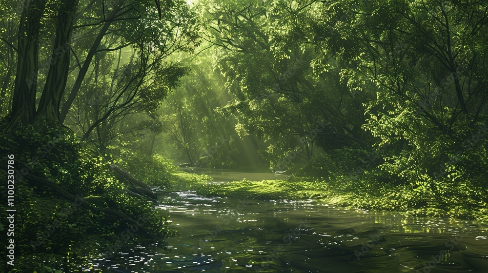 Fototapeta premium A dense, green forest with towering trees, a river winding through the...