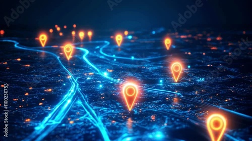A glowing digital map with futuristic roads, milestones, and markers, symbolizing a roadmap to digital transformation in business. The concept is sleek and modern digital