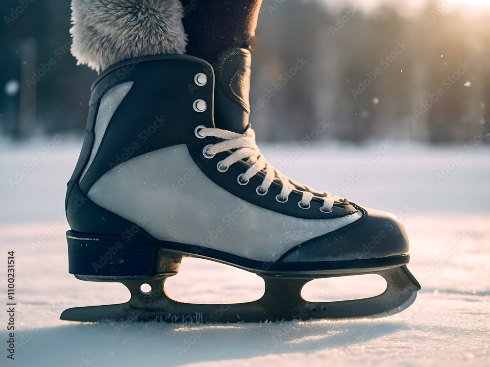 Closeup of vintage retro ice skates on ice in the skating ring, sport background, vintage equipment concept