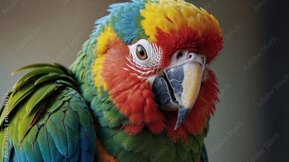 Fototapeta premium Colorful parrot with vivid plumage posing for a close-up shot against a blurred background