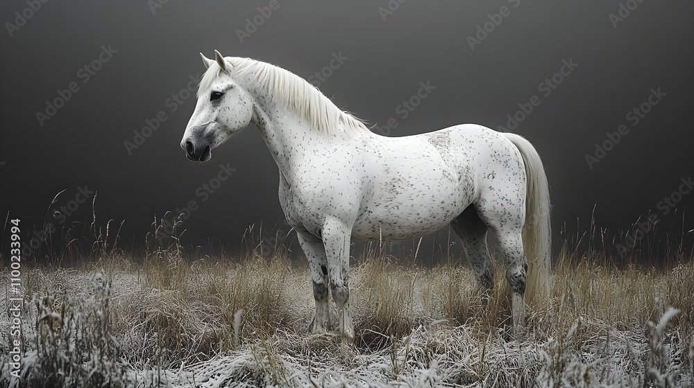 Fototapeta premium Majestic white horse standing in snowy field