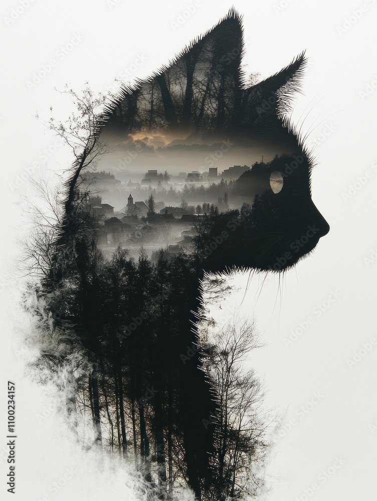 Fototapeta premium Cat silhouette with forest and cityscape overlay art