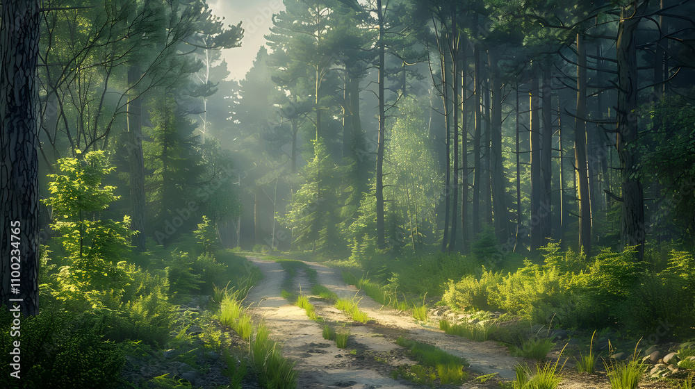 Fototapeta premium Sunlit Forest Path 3D Illustration