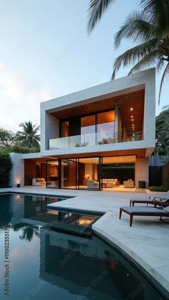 Fototapeta premium Modern Luxury Villa with Infinity Pool at Sunset, Tropical Landscape, Contemporary Architecture Photograph phone wallpaper