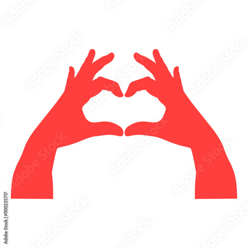 Red silhouette of human hand. Vector gesture illustration. Concept of communication and expressions. Index, middle, ring, little fingers and thumb