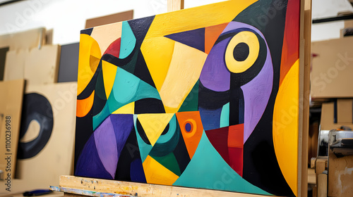 Cubism-inspired painted canvas with vibrant contrasting colors. Expressionism. Illustration photo