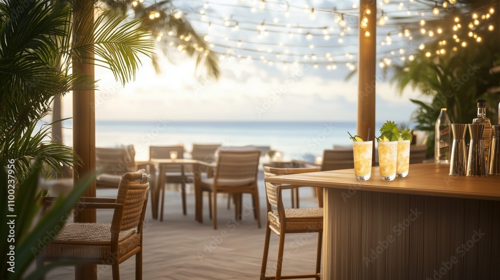 Obraz premium Tropical Beach Bar Cocktails with Ocean View at Sunset