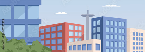 Developed countries building. Office center. Metropolitan building. City satellite. City tower. Modern business building. Apartment in the city. Urban cityscape. Bureau building illustration.