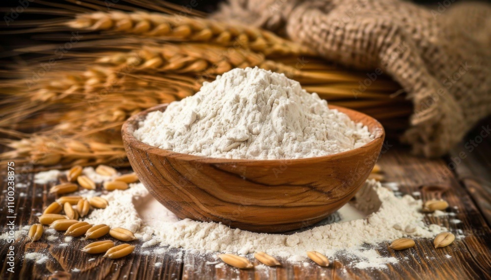 Close-up of Wheat Kernels and Ground Flour Displayed on Wooden Surface Close-up of Wheat Kernels and Ground Flour Displayed on Wooden Surface