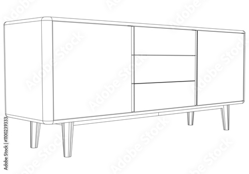 Modern Buffet Cabinet Vector Illustration in Line Art. Ideal for Home Decor, Coloring Books, and Interior Design Concepts
