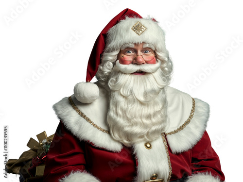 Santa Claus smiles warmly while surrounded by holiday gifts