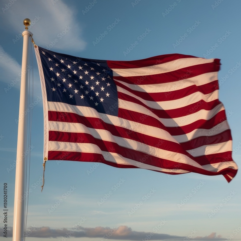 Fototapeta premium American flag waving against blue sky. US flag waving in the wind for Memorial Day or 4th of July