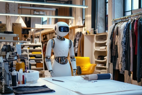 A humanoid robot assisting a designer in a fashion studio, offering AI-generated designs and suggesting fabric combinations based on trends and user preferences. 