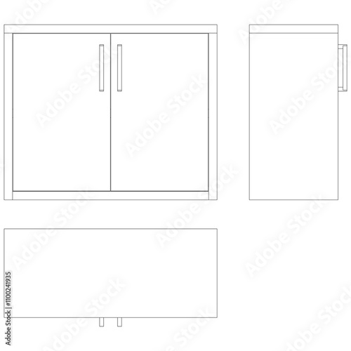 Modern Sideboard Outline Illustration for Home Decor, Coloring Books, and Design Projects. Buffet Cabinet Vector Illustration with Front, Side, and Top Views