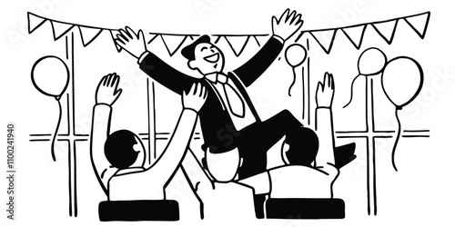 set of cartoon people, job promotion celebration winning prize success