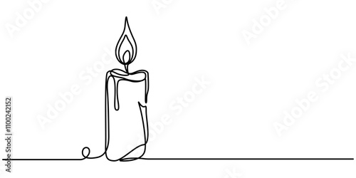 Burning candle. Continuous one line drawing. Vector illustration, One line continuous candle light drawing art. Modern isolated background, Aroma candles one line art, Candle light continuous one line