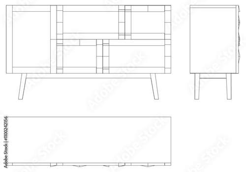 Modern Sideboard Outline Illustration for Home Decor, Coloring Books, and Design Projects. Buffet Cabinet Vector Illustration with Front, Side, and Top Views