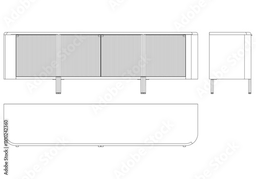 Modern Sideboard Outline Illustration for Home Decor, Coloring Books, and Design Projects. Buffet Cabinet Vector Illustration with Front, Side, and Top Views