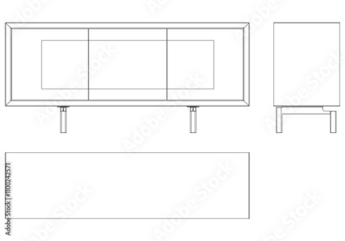 Modern Sideboard Outline Illustration for Home Decor, Coloring Books, and Design Projects. Buffet Cabinet Vector Illustration with Front, Side, and Top Views