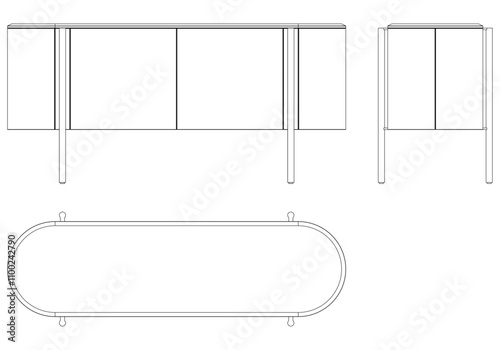 Modern Sideboard Outline Illustration for Home Decor, Coloring Books, and Design Projects. Buffet Cabinet Vector Illustration with Front, Side, and Top Views