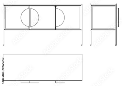 Modern Sideboard Outline Illustration for Home Decor, Coloring Books, and Design Projects. Buffet Cabinet Vector Illustration with Front, Side, and Top Views