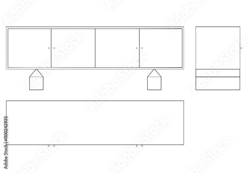 Modern Sideboard Outline Illustration for Home Decor, Coloring Books, and Design Projects. Buffet Cabinet Vector Illustration with Front, Side, and Top Views