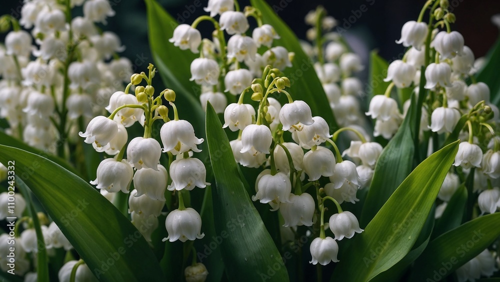 Obraz premium Graceful lily of the valley flowers with delicate white blooms surrounded by lush green leaves