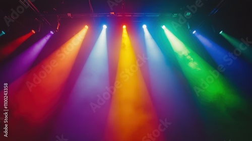 Colorful stage lights illuminate smoky stage.