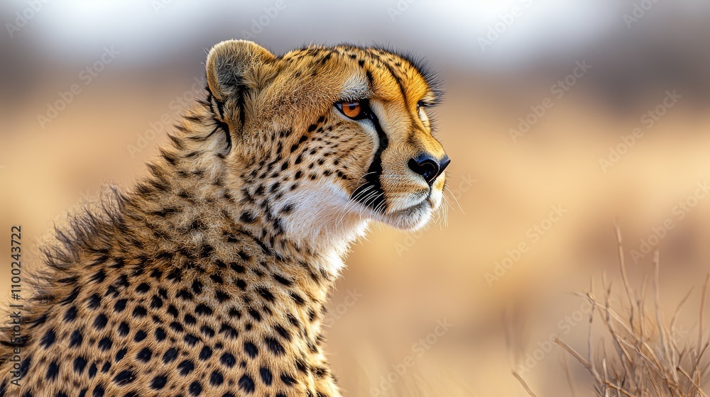 Obraz premium A close-up of a cheetah, showcasing its distinctive spotted fur and alert expression against a blurred natural background.
