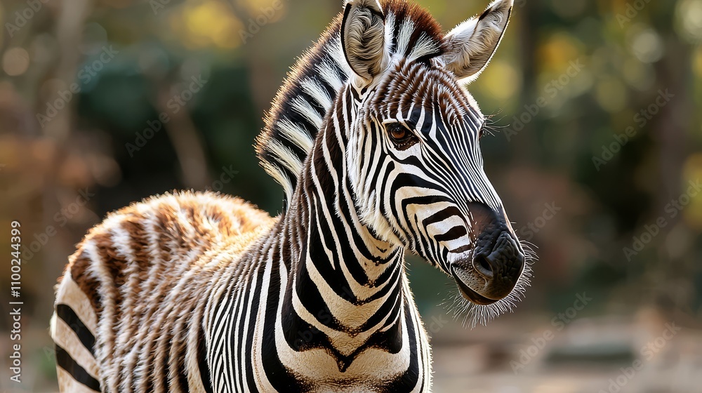 Naklejka premium A close-up of a zebra showcases its striking black and white stripes, highlighting its unique pattern and curious expression in a natural setting.
