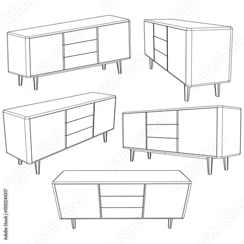 Sideboard Outline Illustration Featuring Buffet Cabinet Design. Perfect for Home Decor, Coloring, and Creative Design Work