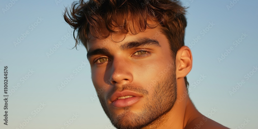 A man with a beard and green eyes is standing in the sun. He has a light tan complexion and is wearing a shirt A man with a beard and green eyes is standing in the sun. He has a light tan complexion and is wearing a shirt