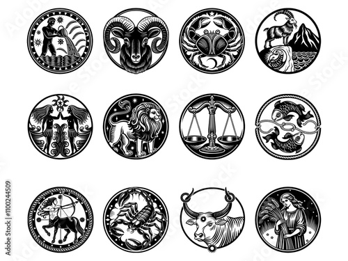 Collection of black silhouette of zodiac signs for tattoo on a transparent background.