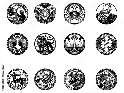 Collection of black silhouette of zodiac signs for tattoo on a transparent background.