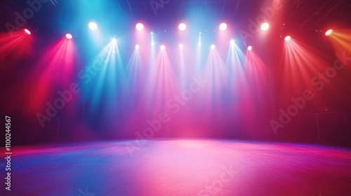 Empty stage illuminated by colorful spotlights.