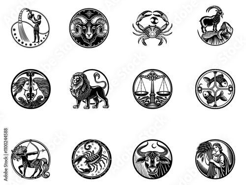 Collection of black silhouette of zodiac signs for tattoo on a transparent background.