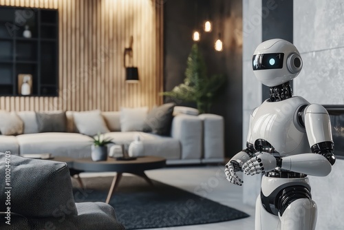 A humanoid robot helping a user arrange their home furniture based on AI recommendations for better space utilization and comfort. 