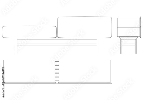 Modern Sideboard Outline Illustration for Home Decor, Coloring Books, and Design Projects. Buffet Cabinet Vector Illustration with Front, Side, and Top Views