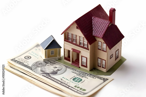 Two miniature houses sit on a stack of hundred dollar bills, representing real estate investment or home buying costs. photo