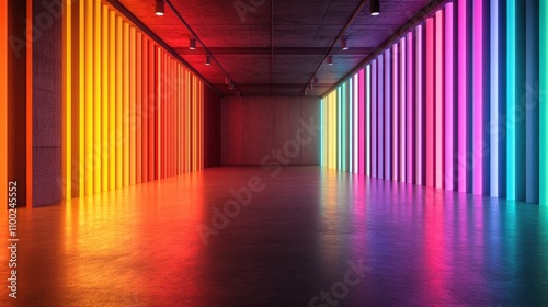 Colorful neon lights illuminate a modern, empty space.