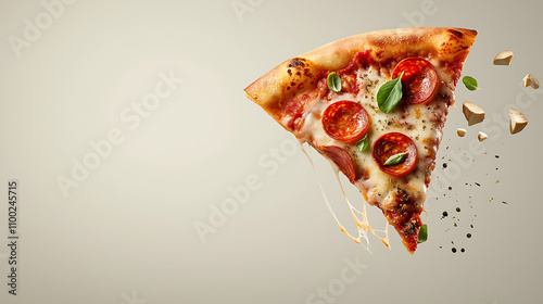 Delicious pizza slice with pepperoni and cheese floating in mid air photo