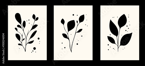 Vector illustration. Set of abstract floral posters. Minimalist style. Isolated black background