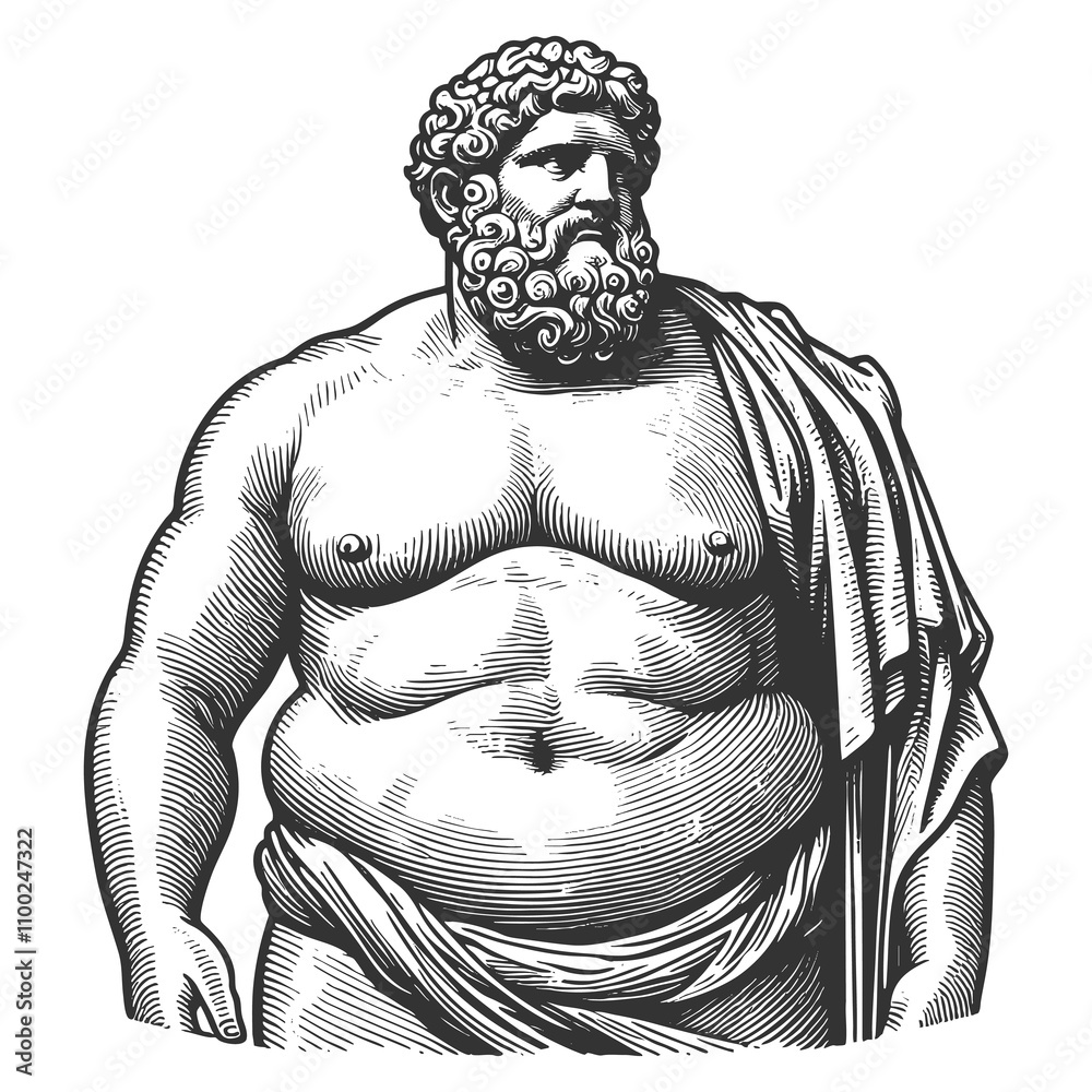 Fototapeta premium Fat overweight body positive Greek male statue with strong classical features sketch engraving generative ai fictional character raster illustration. Scratch board imitation. Black and white image.