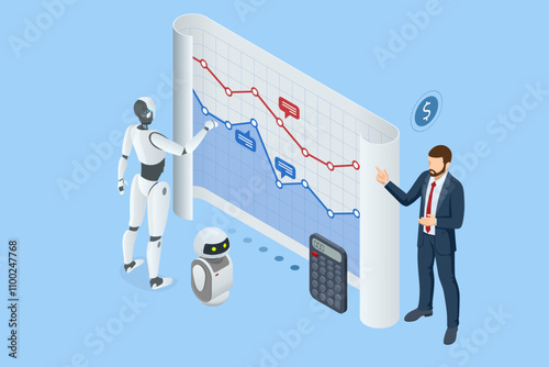 Isometric An AI-powered robot efficiently processes data for business analytics. It analyzes trends, generates insights, and optimizes decision-making processes.