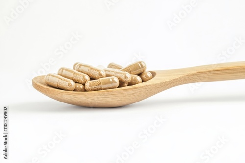 Natural capsules and nutritional supplements supporting health in a wooden spoon on a light background with space, associated with medicines and wellbeing photo