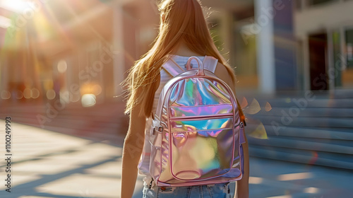 Iridescent Backpack Girl Walking Sunlight Illustration