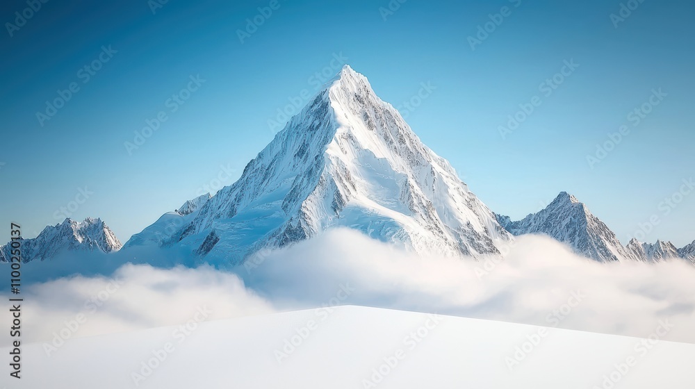 Obraz premium A majestic mountain peak covered in snow and ice, piercing the clouds and bathed in golden sunlight.