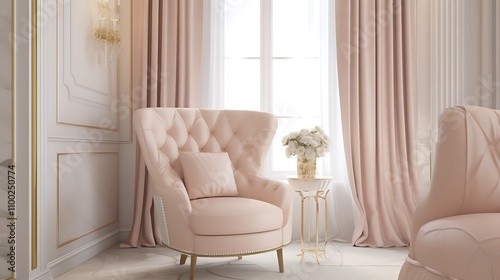Elegant Pink Armchair Near Window With Curtains
