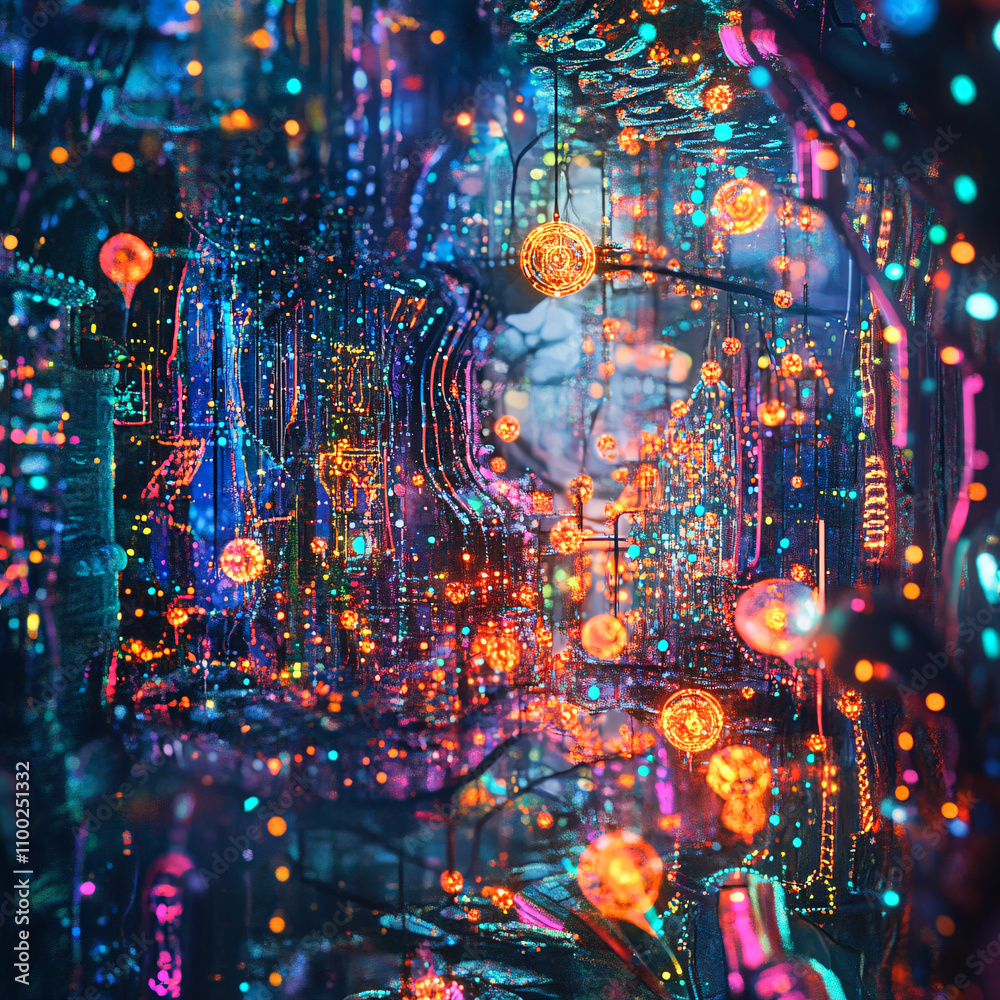 Obraz premium Vibrant Abstract Visuals with Glowing Particles, Light Trails, and Dynamic Patterns Highlighting Futuristic Digital Art