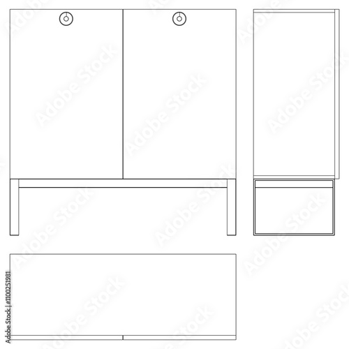 Modern Sideboard Outline Illustration for Home Decor, Coloring Books, and Design Projects. Buffet Cabinet Vector Illustration with Front, Side, and Top Views